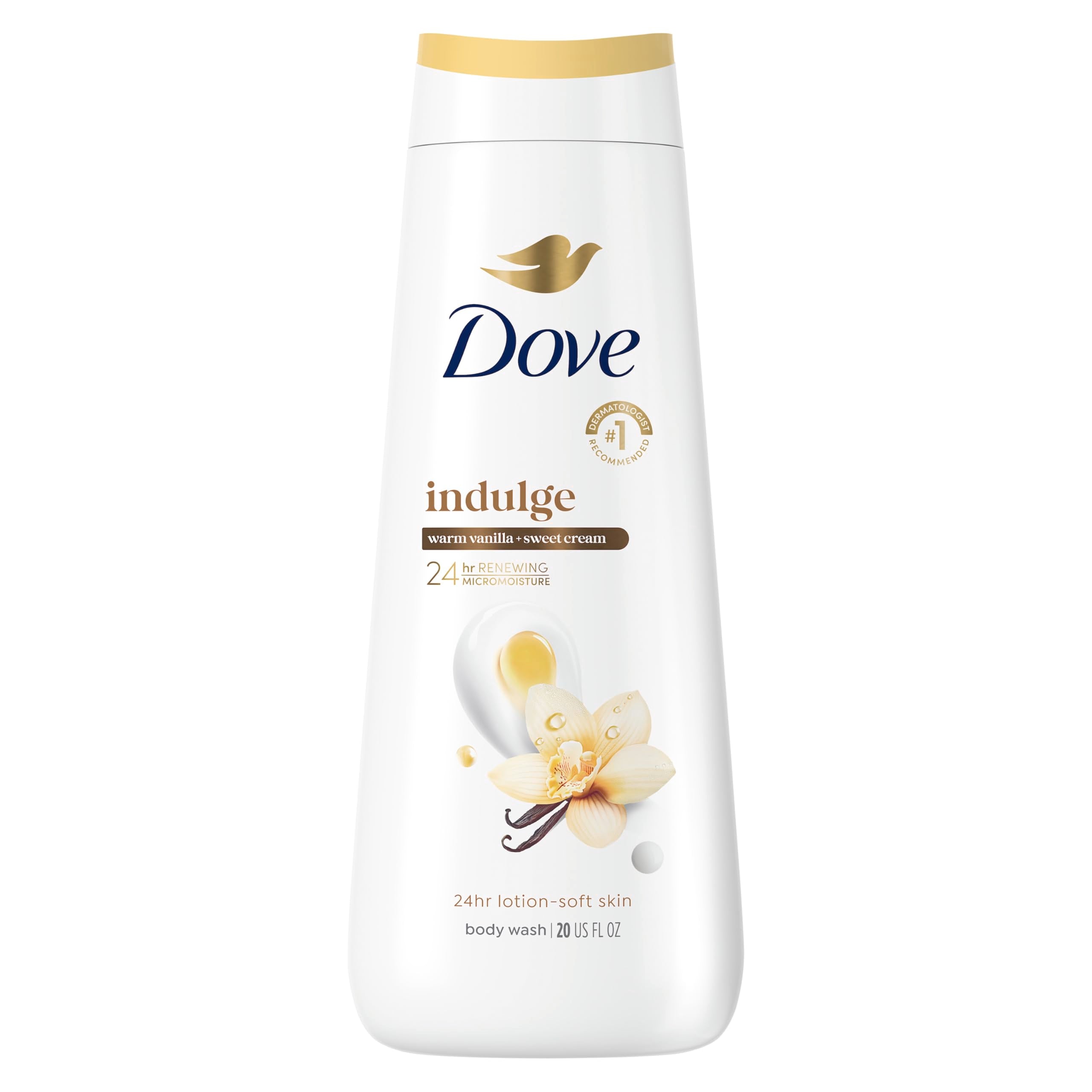 Dove Indulge Ducha Corporal con vainilla cálida para piel suave y nutrida.