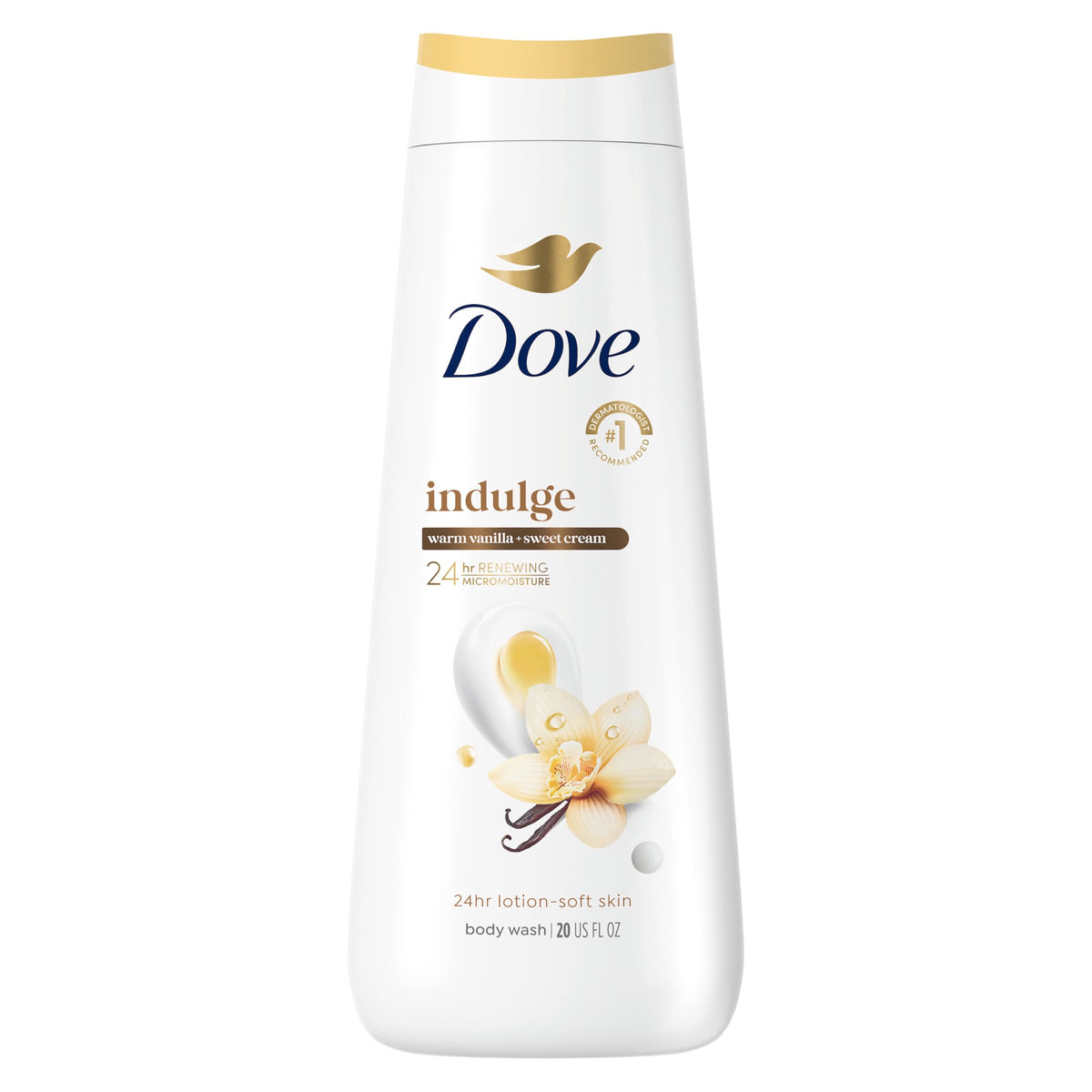 Dove Indulge Ducha Corporal con vainilla cálida para piel suave y nutrida.
