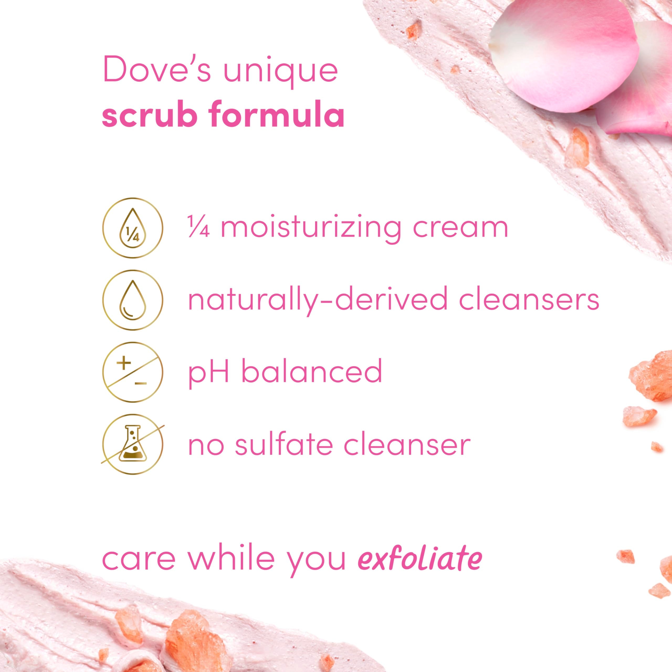 Dove ingredientes: sal del Himalaya y aceite de rosa para nutrición suave.
