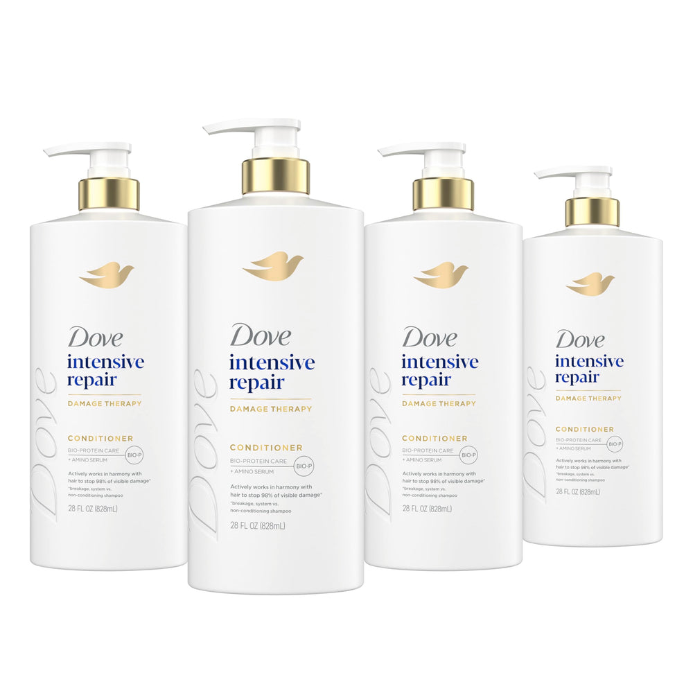 Dove Intensive Repair conditioner 28oz bottle boosts strength for damaged hair.