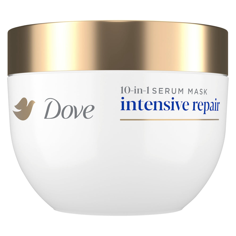 Dove Intensive Repair: mascarilla en bote derramando, cuidado nutritivo para cabello dañado