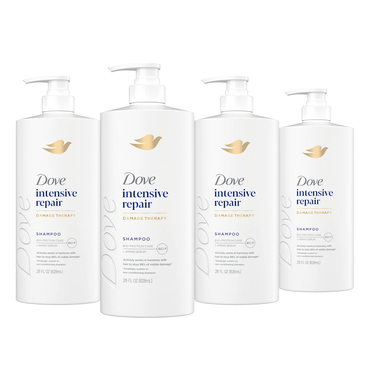 Dove Intensive Repair shampoo bottle showing stronger, more resilient hair.
