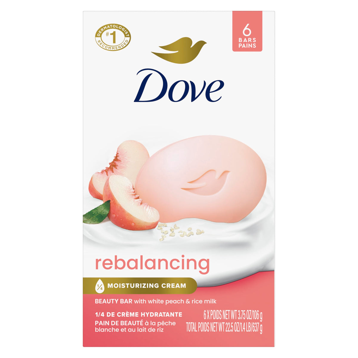 Jabón Dove en barra rebalanceante con durazno blanco y leche de arroz para piel suave.