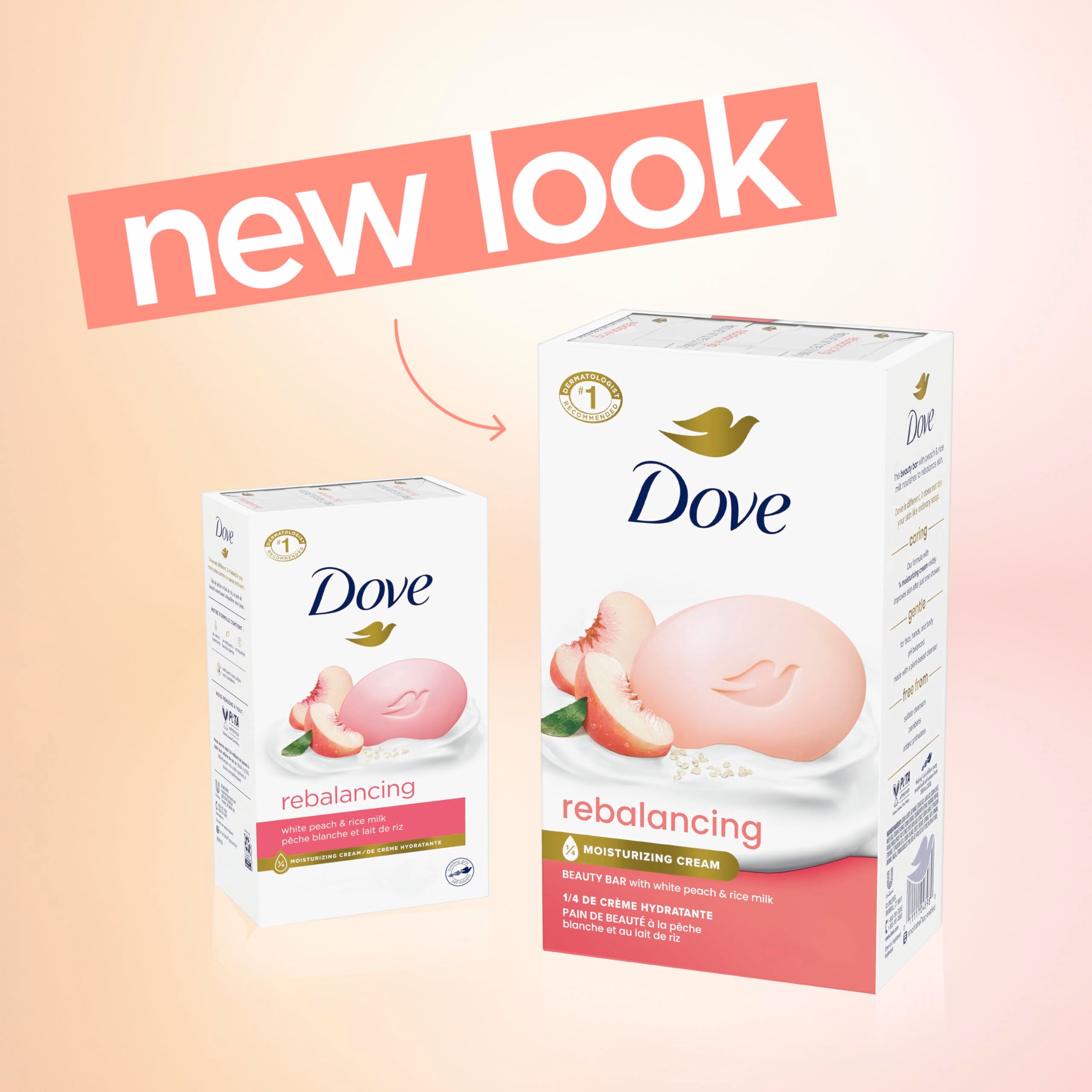 Dove con leche de arroz, lavado suave que respeta la piel.