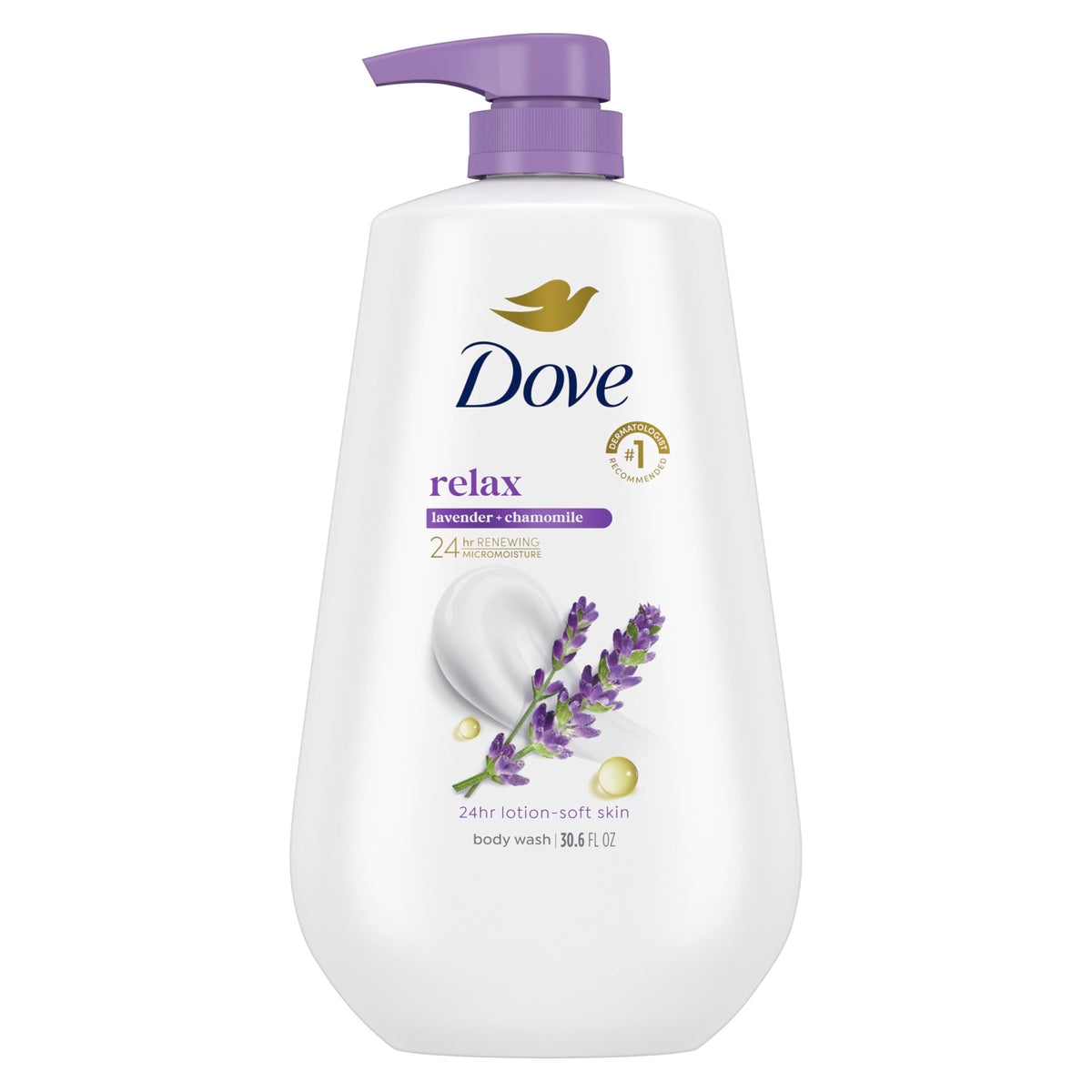Dove Jabon-Ducha Relajante, enfoque en bomba, promueve relajación durante la ducha.