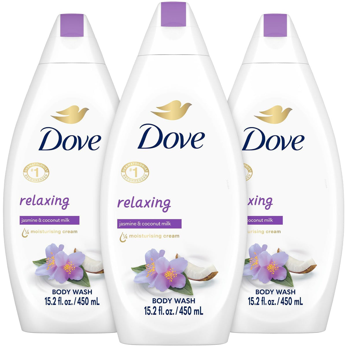 Dove lavado cuerpo relajante con jazmín y leche de coco, piel suave tras la ducha.