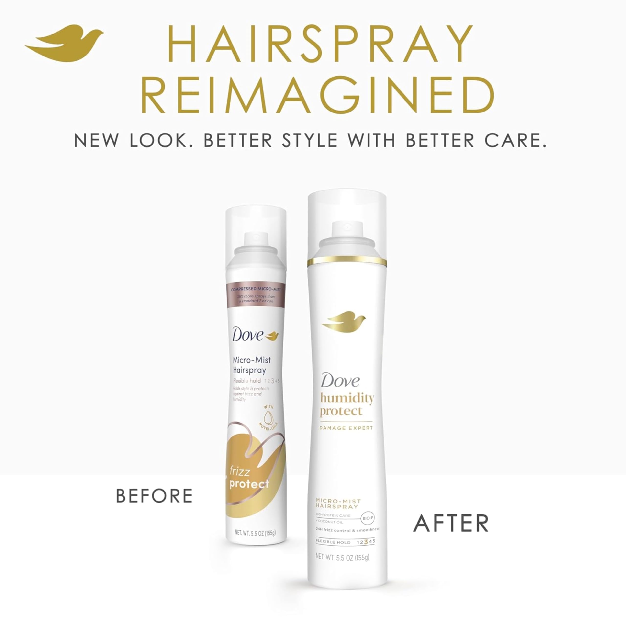 Dove long-lasting-style bottle helps maintain 24-hour frizz control.