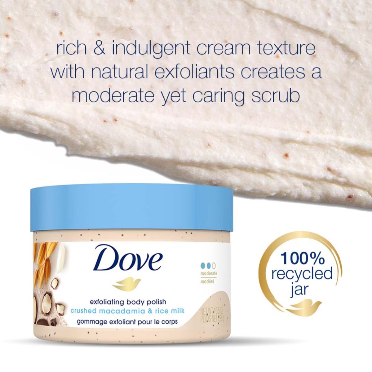In-shower Dove Macadamia & Rice Milk polish ready for rinsing.