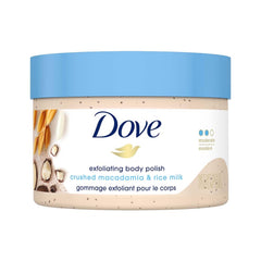 Dove Macadamia & Rice Milk polish jar close-up; creamy texture for smoother skin.