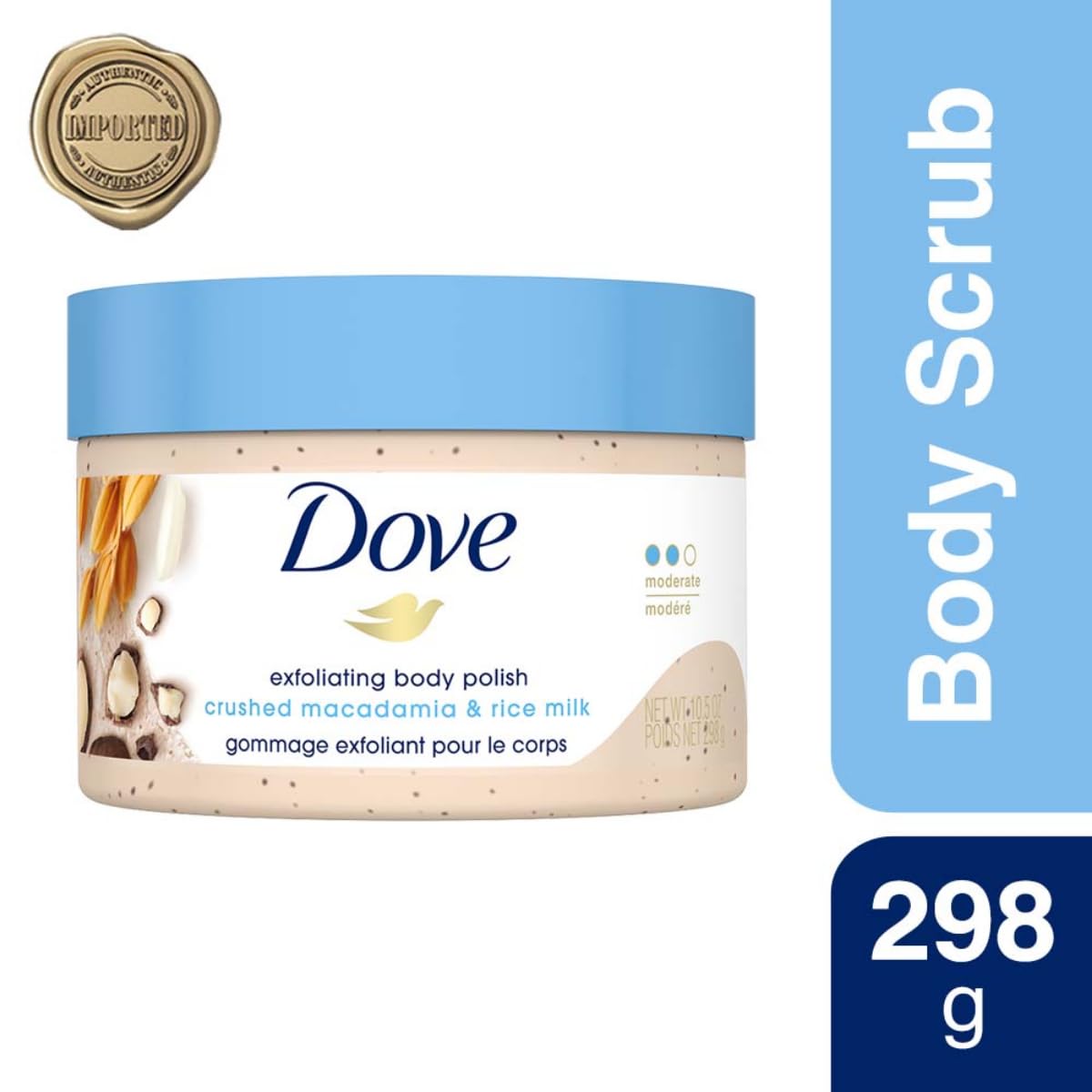 Dove Macadamia & Rice Milk texture close-up showing medium exfoliation.