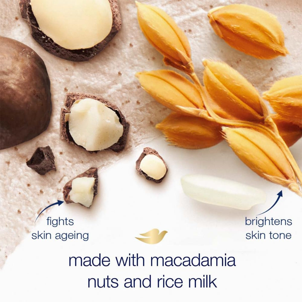 Dove Macadamia & Rice Milk on wet skin with creamy lather during massage.