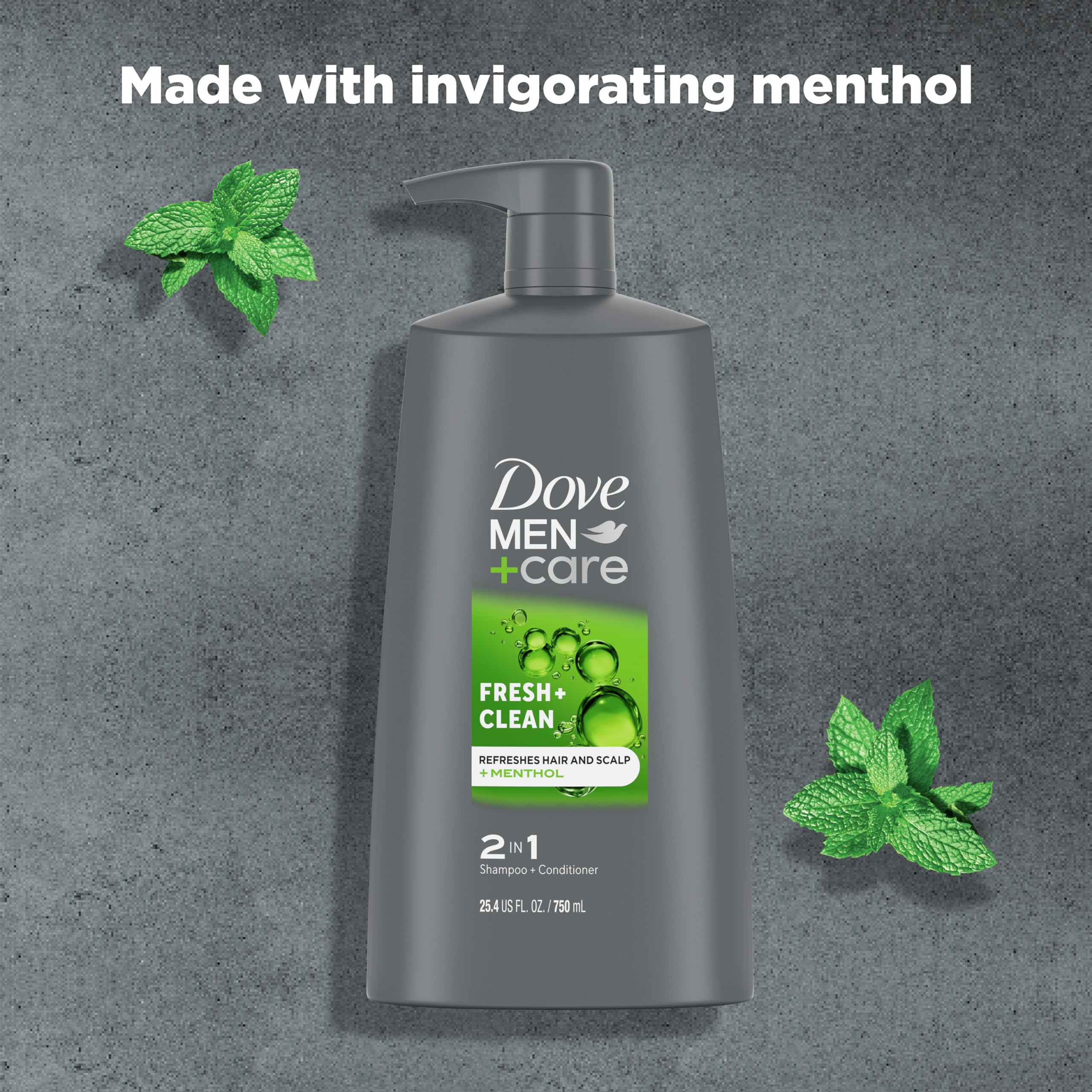 25.4 oz Dove Men+Care 2-in-1 shampoo bottle ready for home use