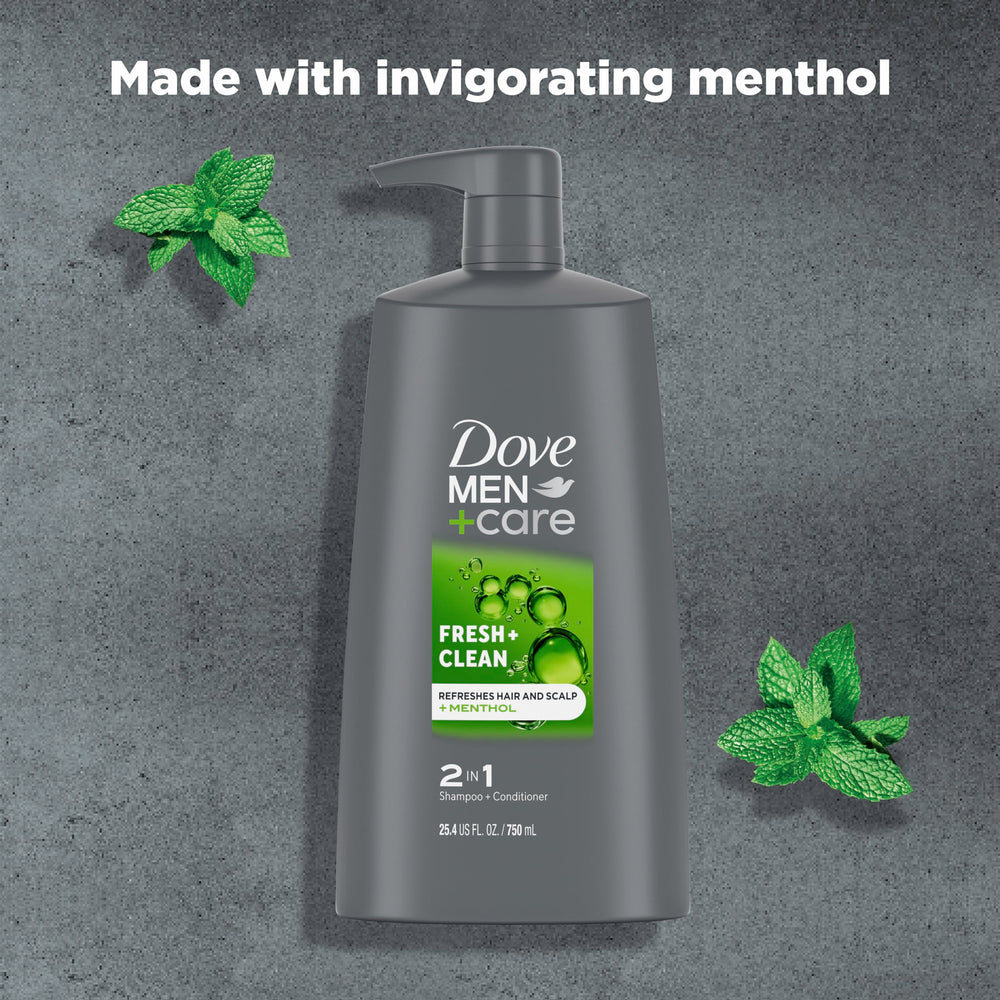 25.4 oz Dove Men+Care 2-in-1 shampoo bottle ready for home use