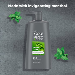 25.4 oz Dove Men+Care 2-in-1 shampoo bottle ready for home use