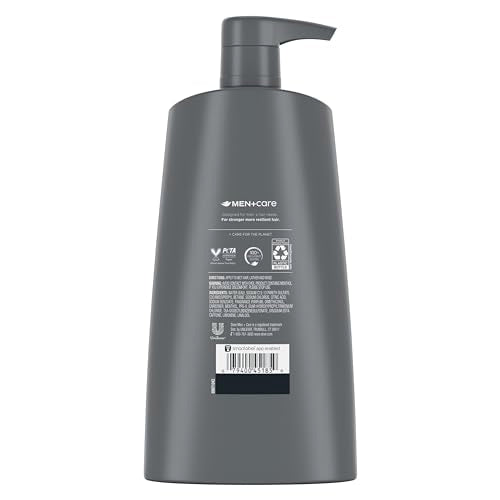 Close-up of Dove Men+Care 2-in-1 shampoo bottle with caffeine and menthol for a cooling sensation