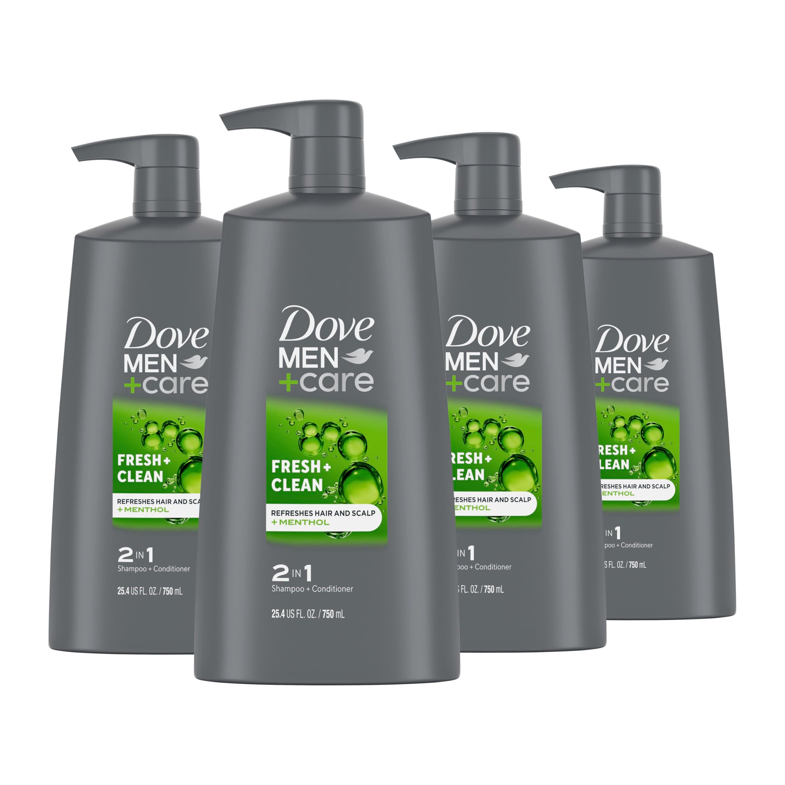 Dove Men+Care 2-in-1 shampoo bottle showing fresh-clean formula for daily use