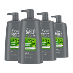 Dove Men+Care 2-in-1 shampoo bottle showing fresh-clean formula for daily use