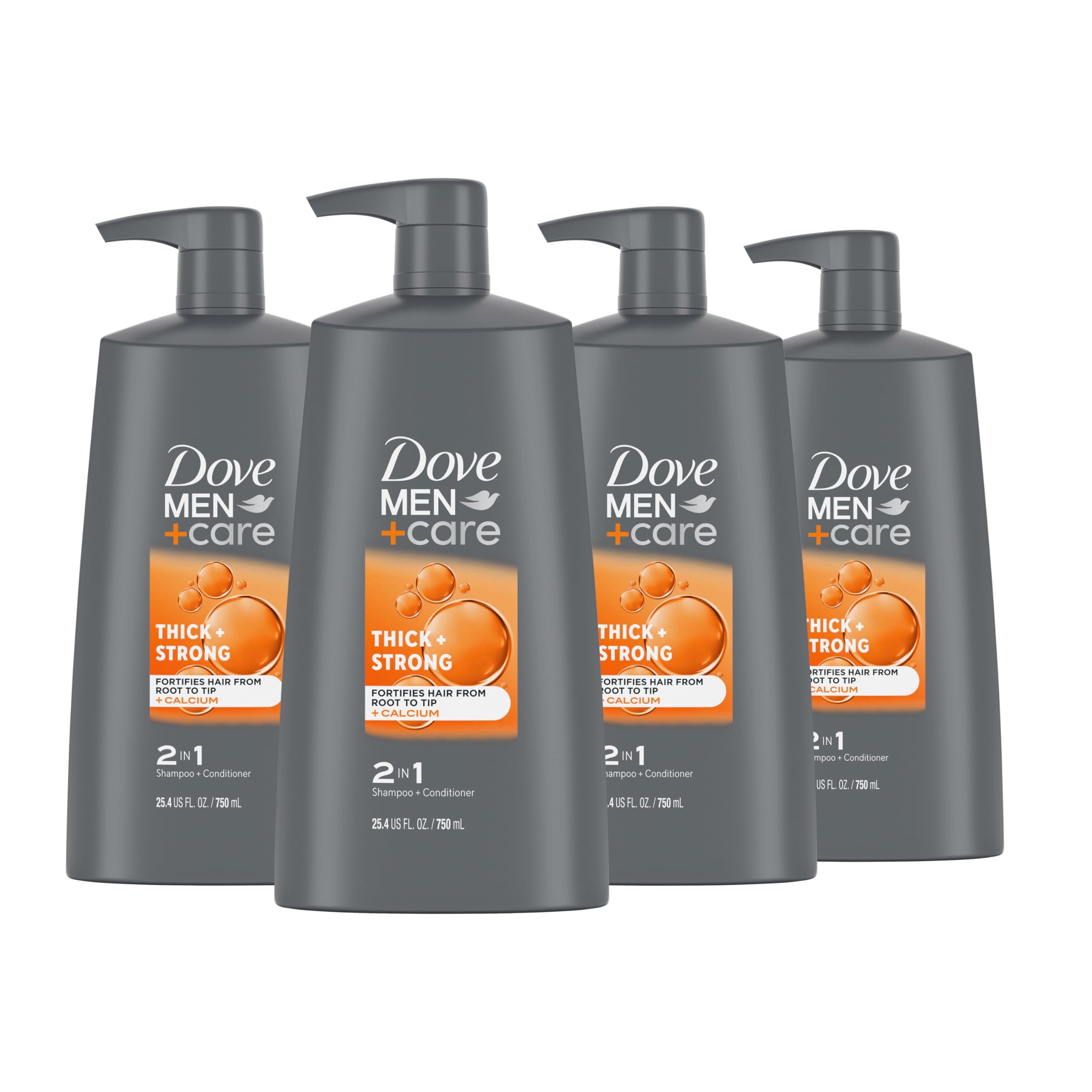 Dove Men+Care 2-in-1 shampoo bottle for quick, convenient cleansing.