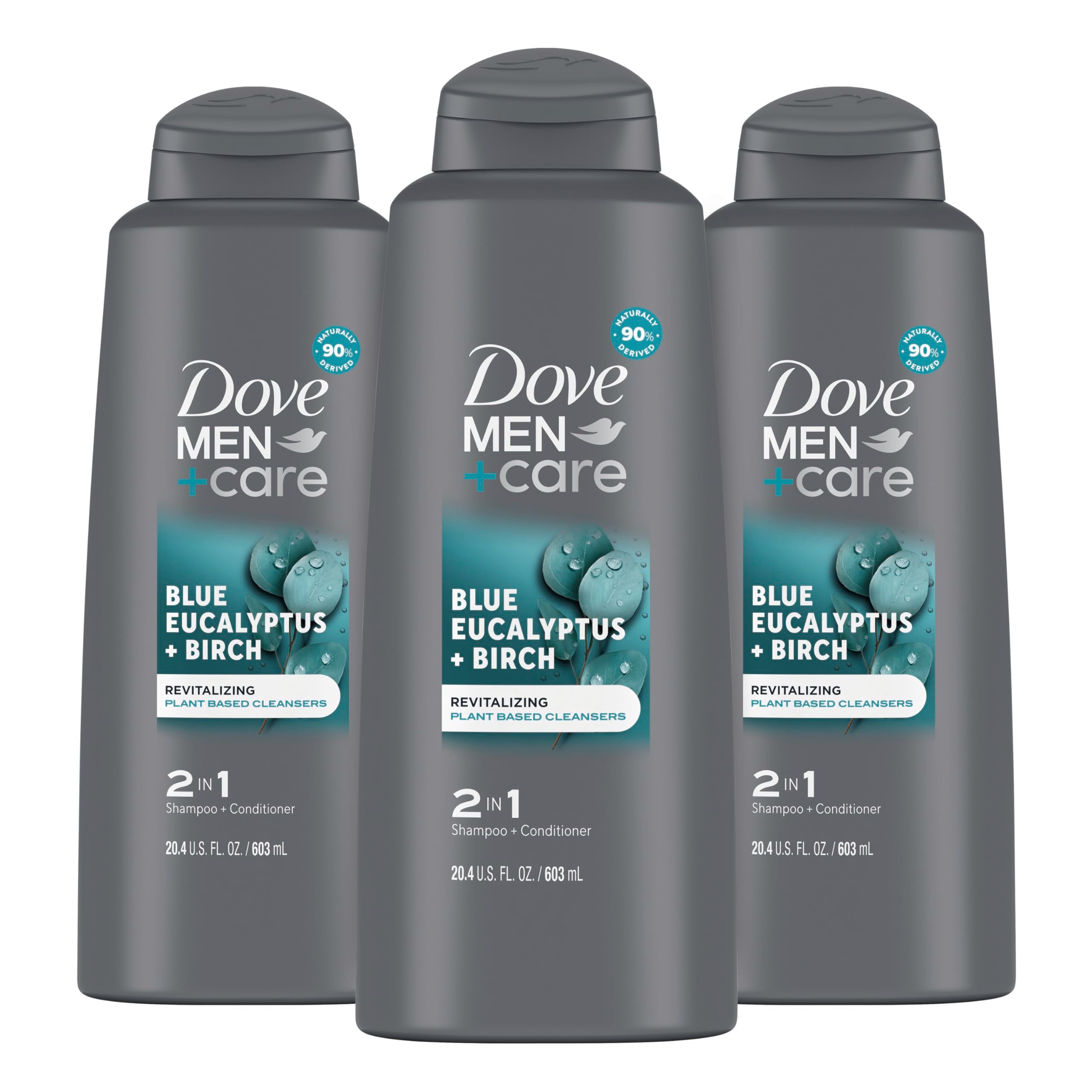 Dove Men Care 2in1 bottle front shows all-in-one cleansing with eucalyptus birch scent.