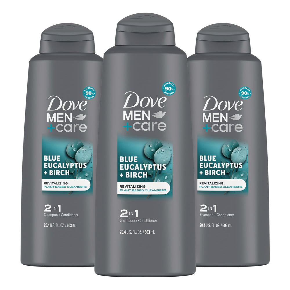 Dove Men Care 2in1 bottle front shows all-in-one cleansing with eucalyptus birch scent.
