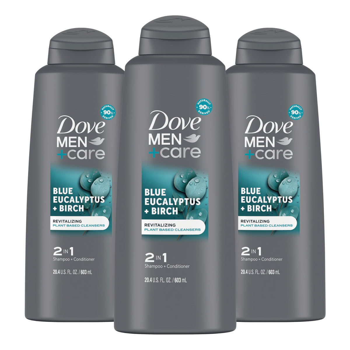 Dove Men Care 2in1 bottle front shows all-in-one cleansing with eucalyptus birch scent.