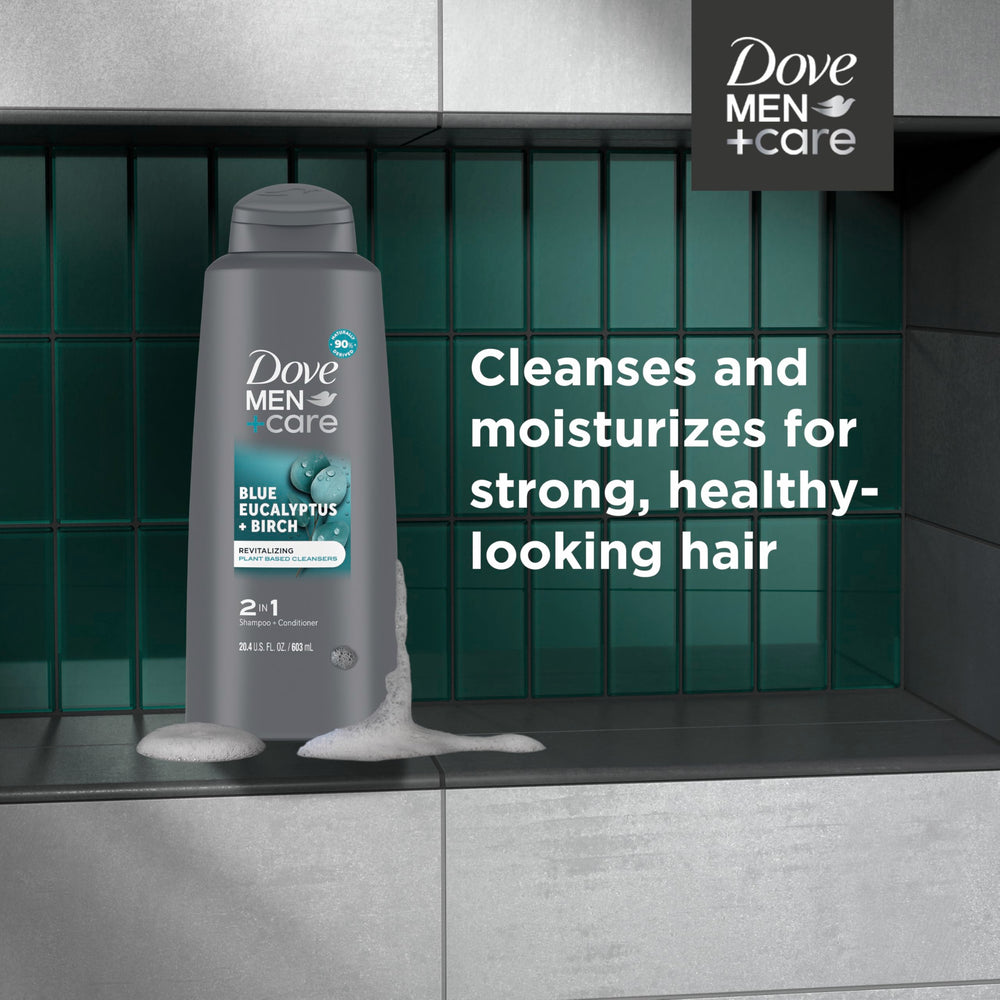 Dove Men Care 2in1 label detail emphasizes plant-based cleansers and citrus aroma.