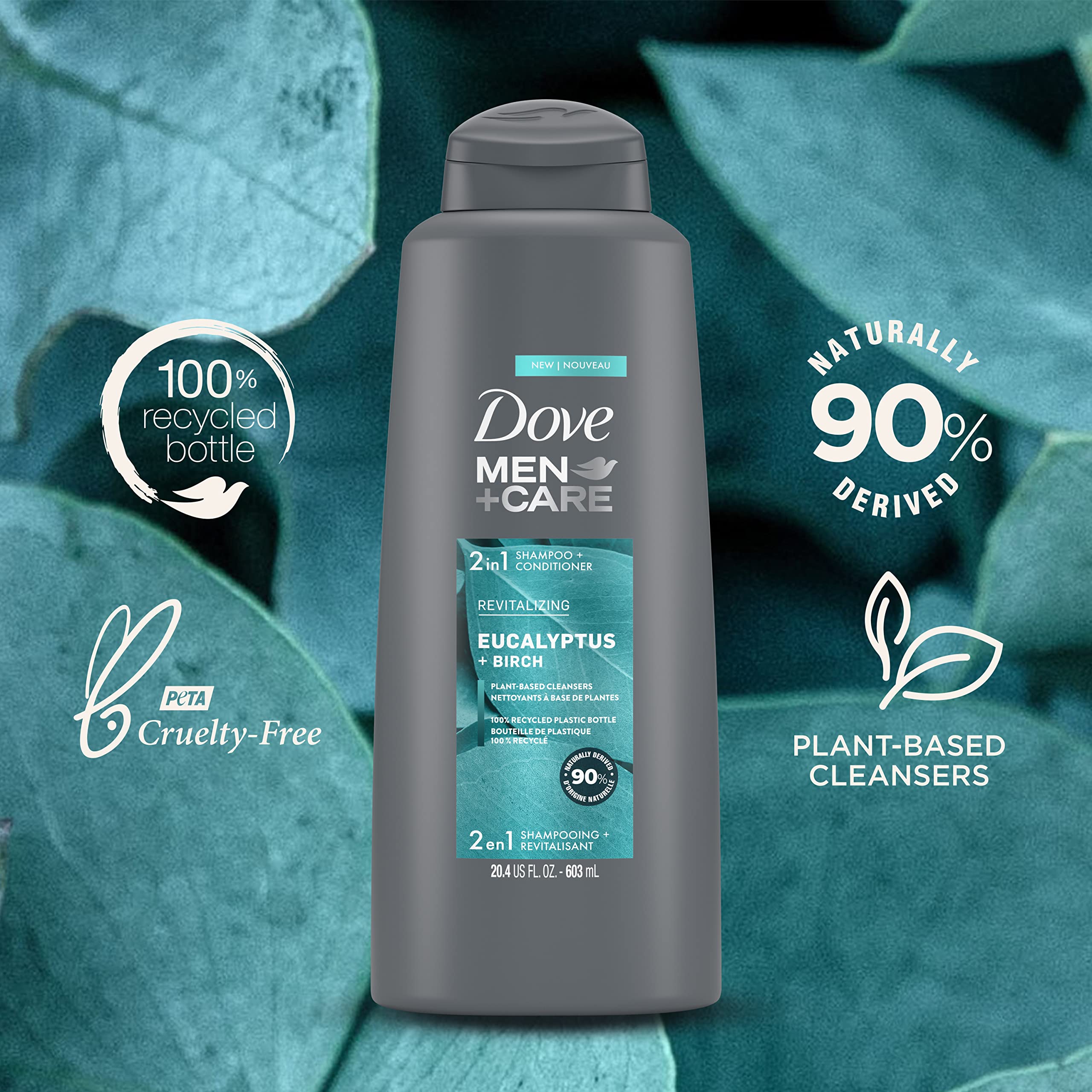 Dove Men Care 2in1 in shower scene conveys quick daily use.