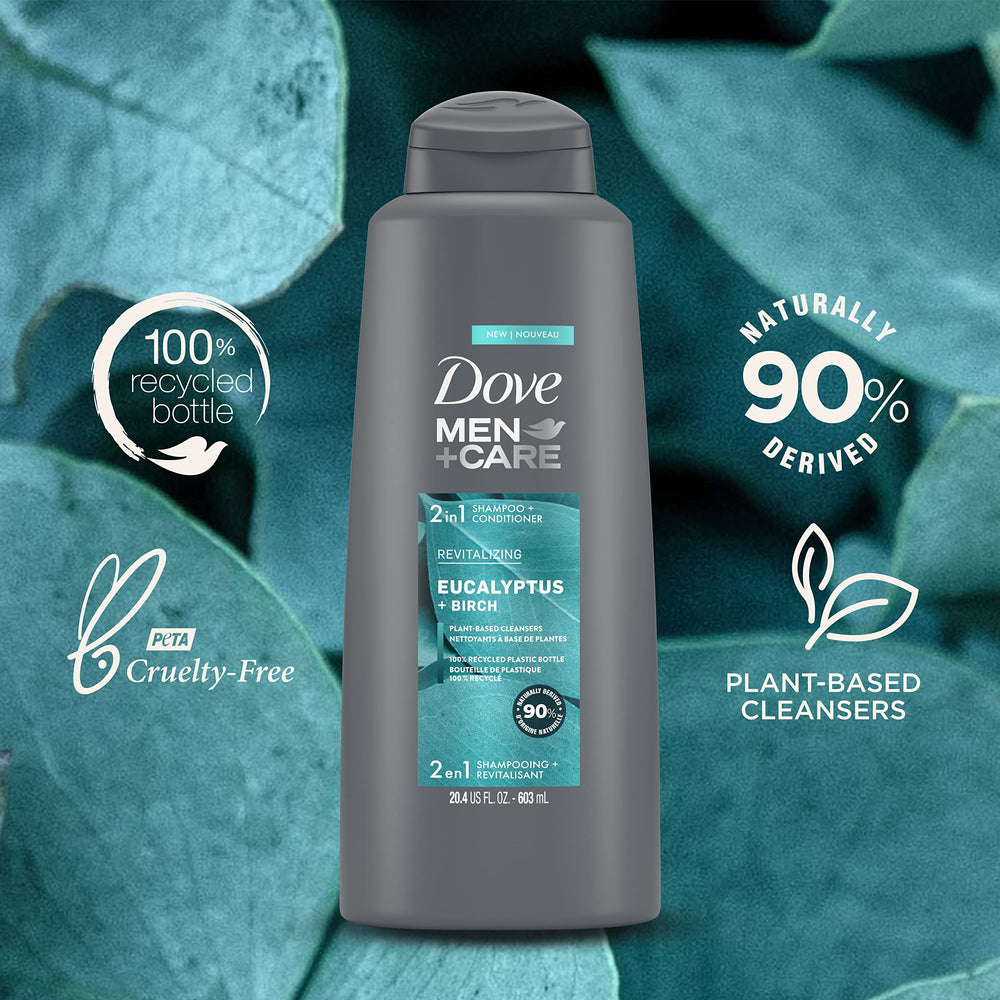 Dove Men Care 2in1 in shower scene conveys quick daily use.