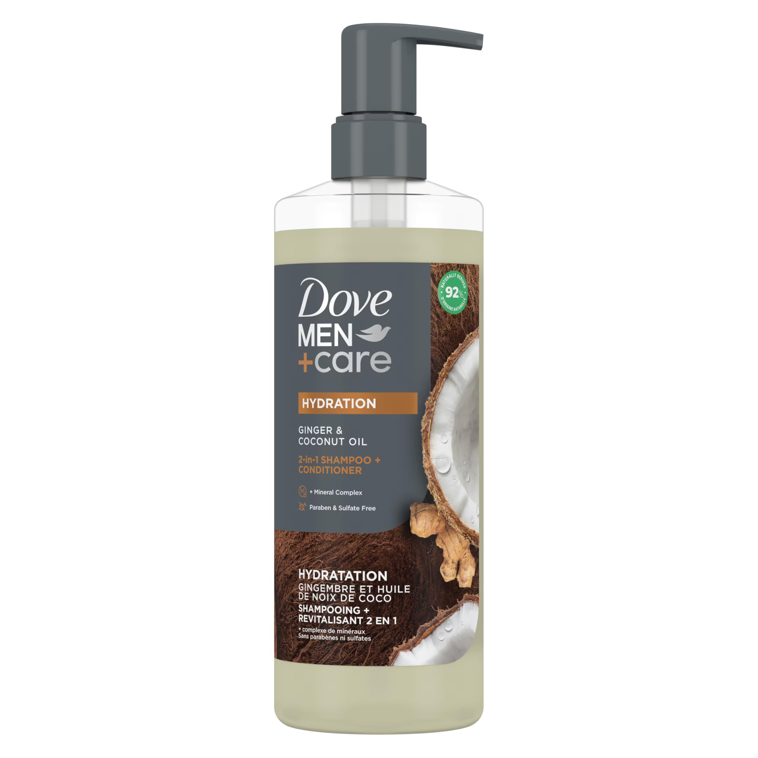 Dove Men+Care 2-in-1 ginger coconut oil bottle for hydrated hair.
