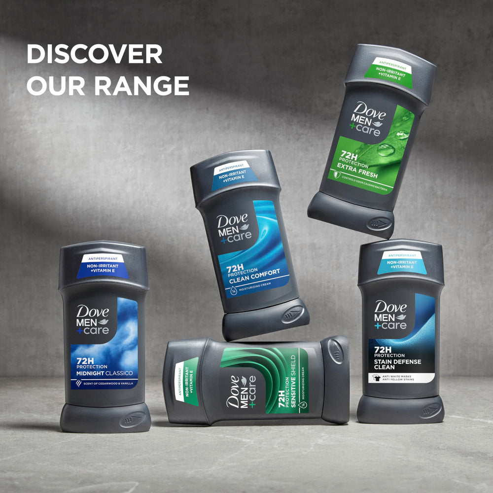 Dove Men+Care Clean Comfort visual conveys 72-hour protection concept.