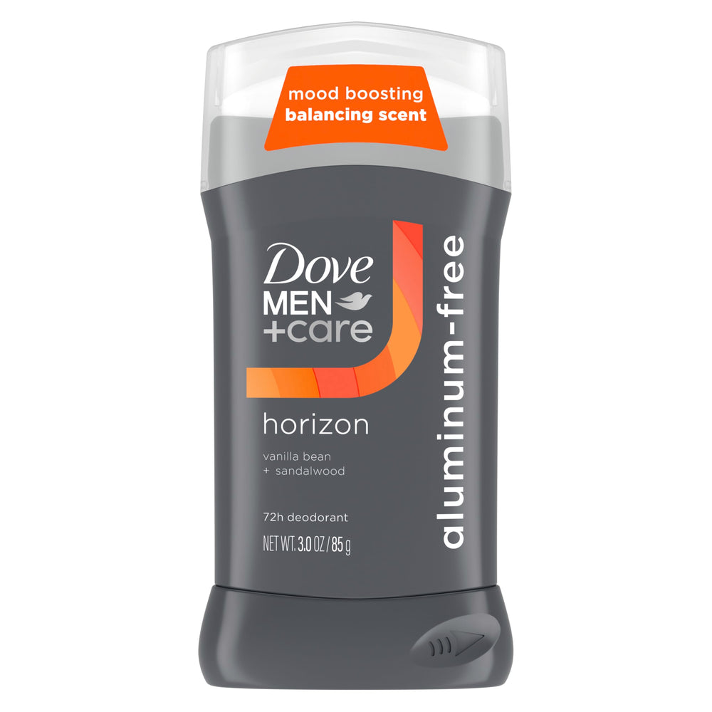 Dove Men+Care aluminum-free deodorant stick with vanilla-sandalwood for long-lasting freshness.