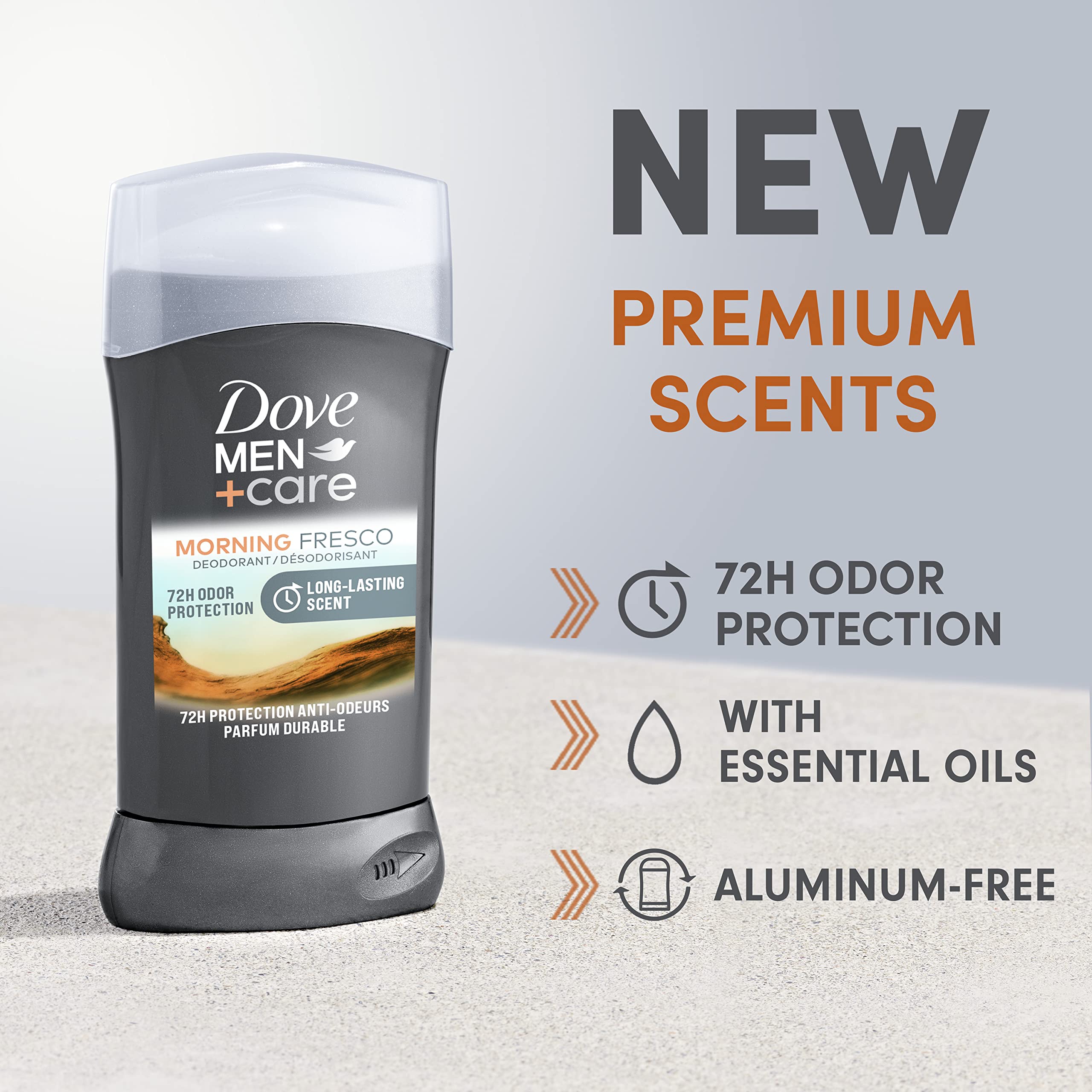 Dove Men+Care aluminum-free formula highlights skin-friendly protection during long days.