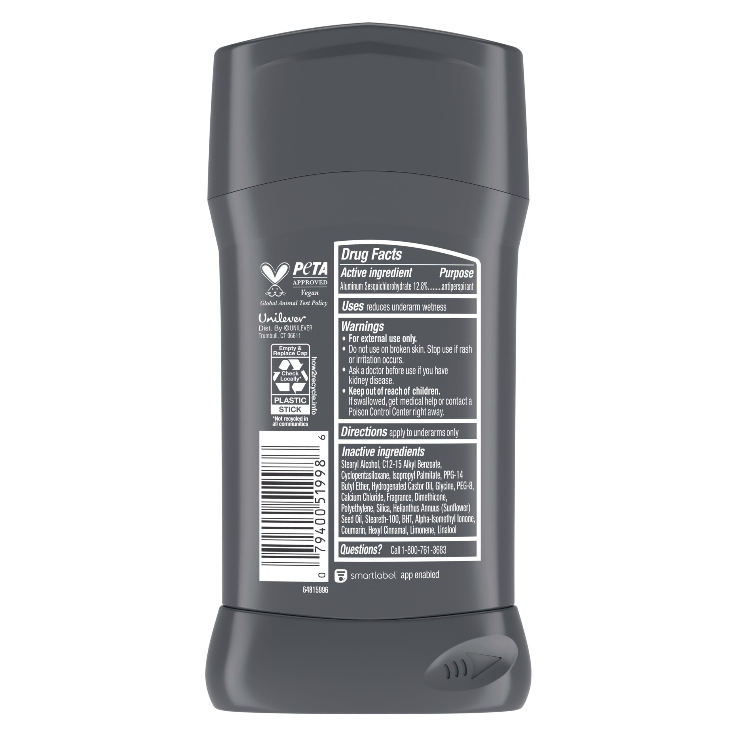 Dove Men+Care antiperspirant bottle highlighting strong underarm odor protection.