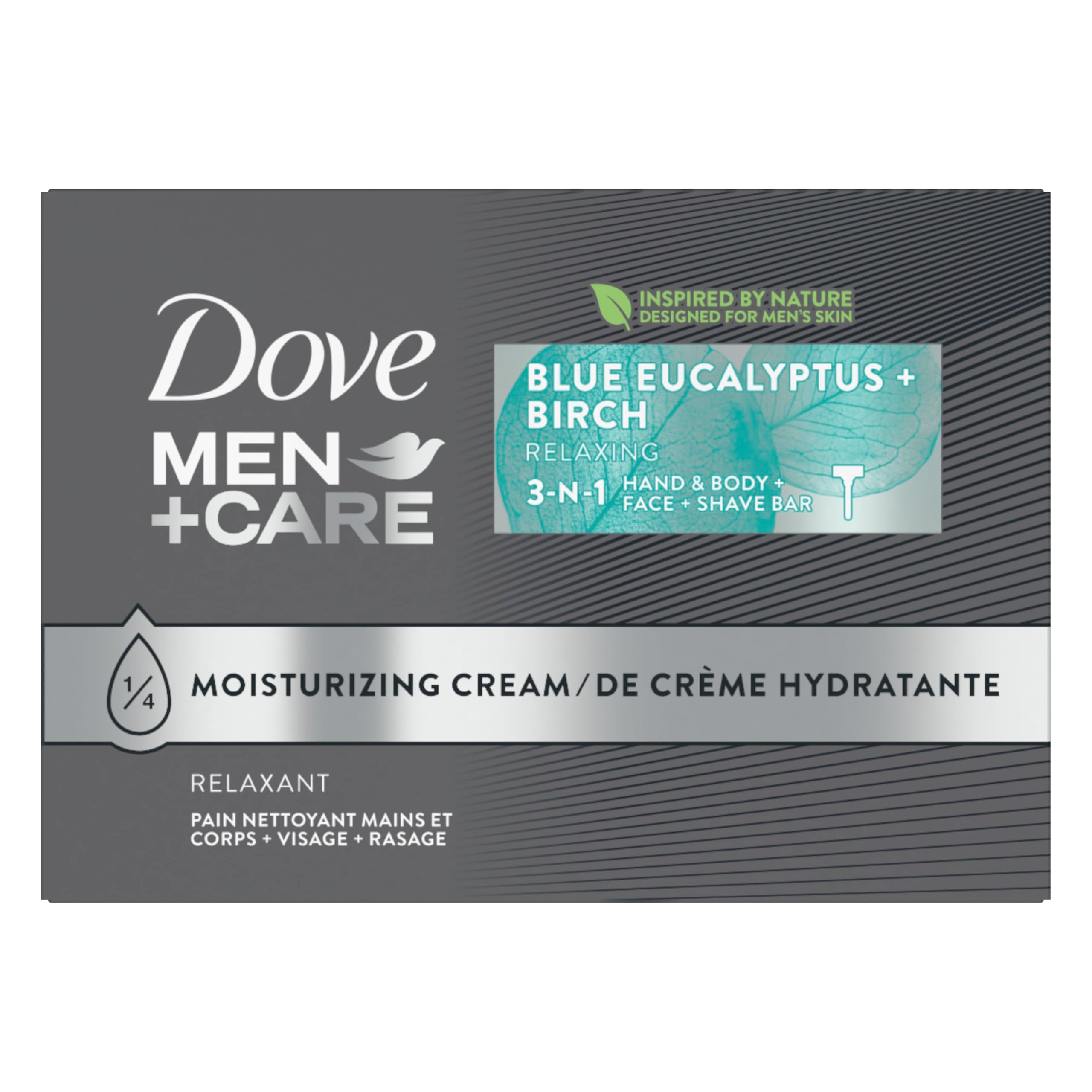 Dove Men+Care Bar 3-en-1 con aroma azul eucalipto y abedul, suaviza la piel.