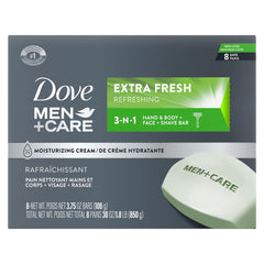 Barra Dove Men+Care Extrafresco enfocada en limpieza de cuerpo y cara con hidratación duradera.