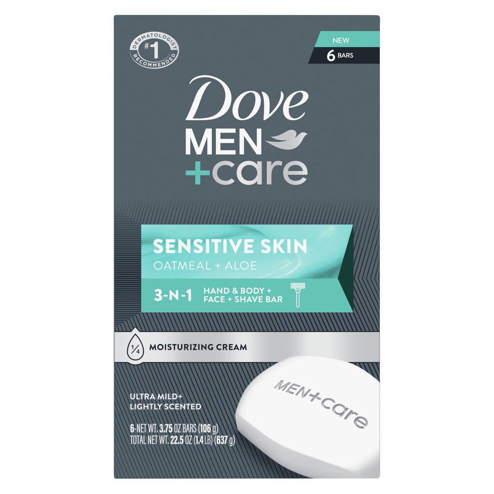 DOVE MEN + CARE barra para manos, cuerpo y rostro sensible ofrece hidratación suave.