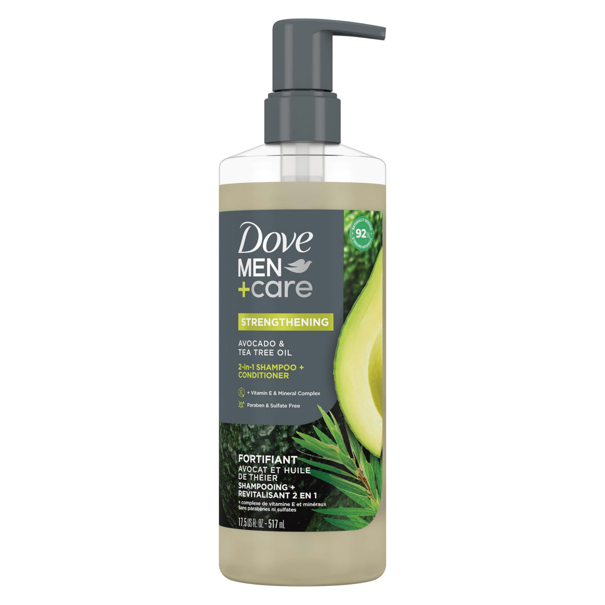 Dove Men+Care: botella 2 en 1 con aguacate y árbol de té para cabello más fuerte.