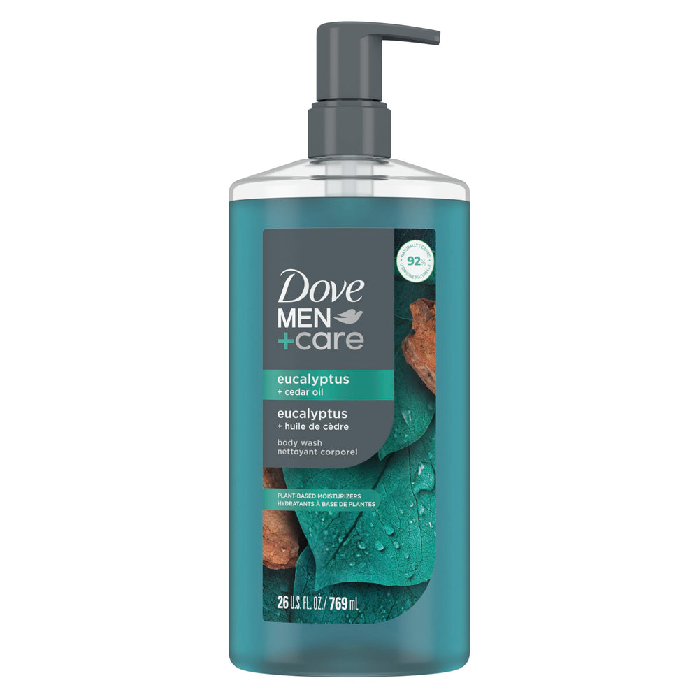 DOVE MEN + CARE gel de baño en botella con aroma a eucalipto y cedro para refrescar la piel