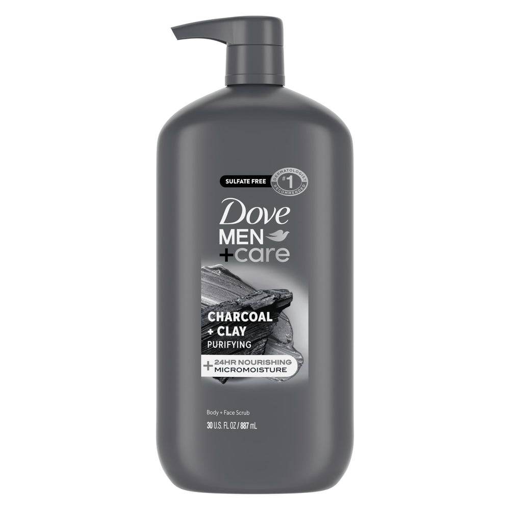 DOVE MEN+CARE botella carbón arcilla para exfoliar cara y cuerpo.