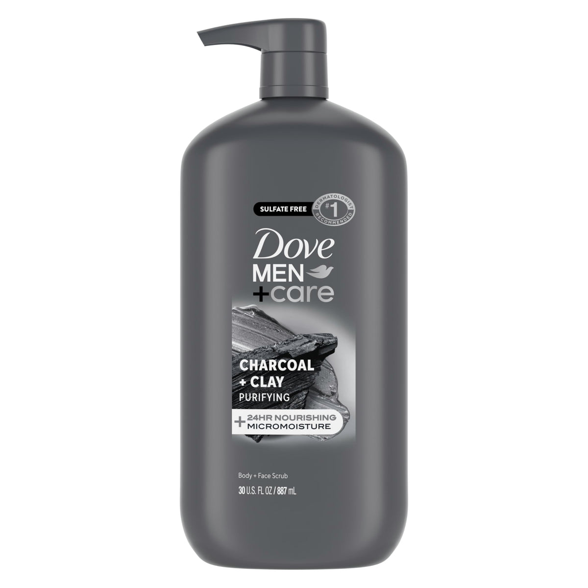 DOVE MEN+CARE botella carbón arcilla para exfoliar cara y cuerpo.