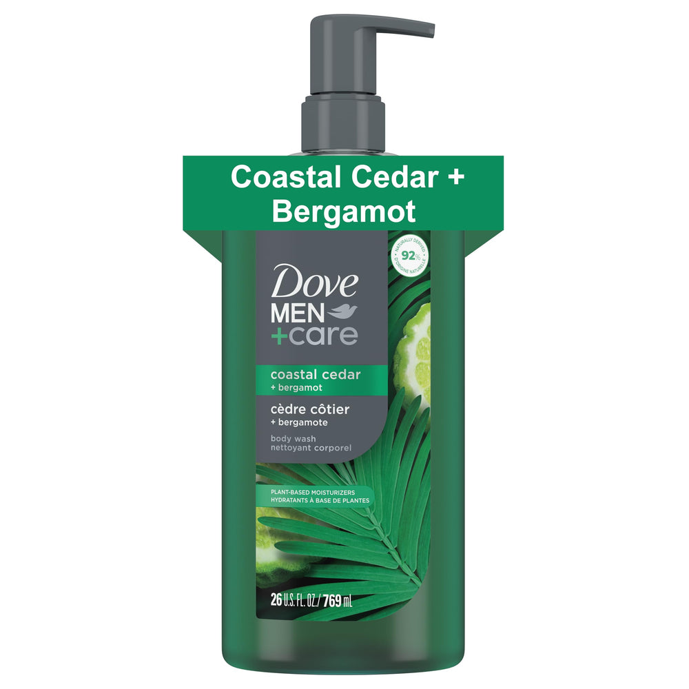 DOVE MEN + CARE: botella cedro costero y bergamota para limpieza vigorizante.