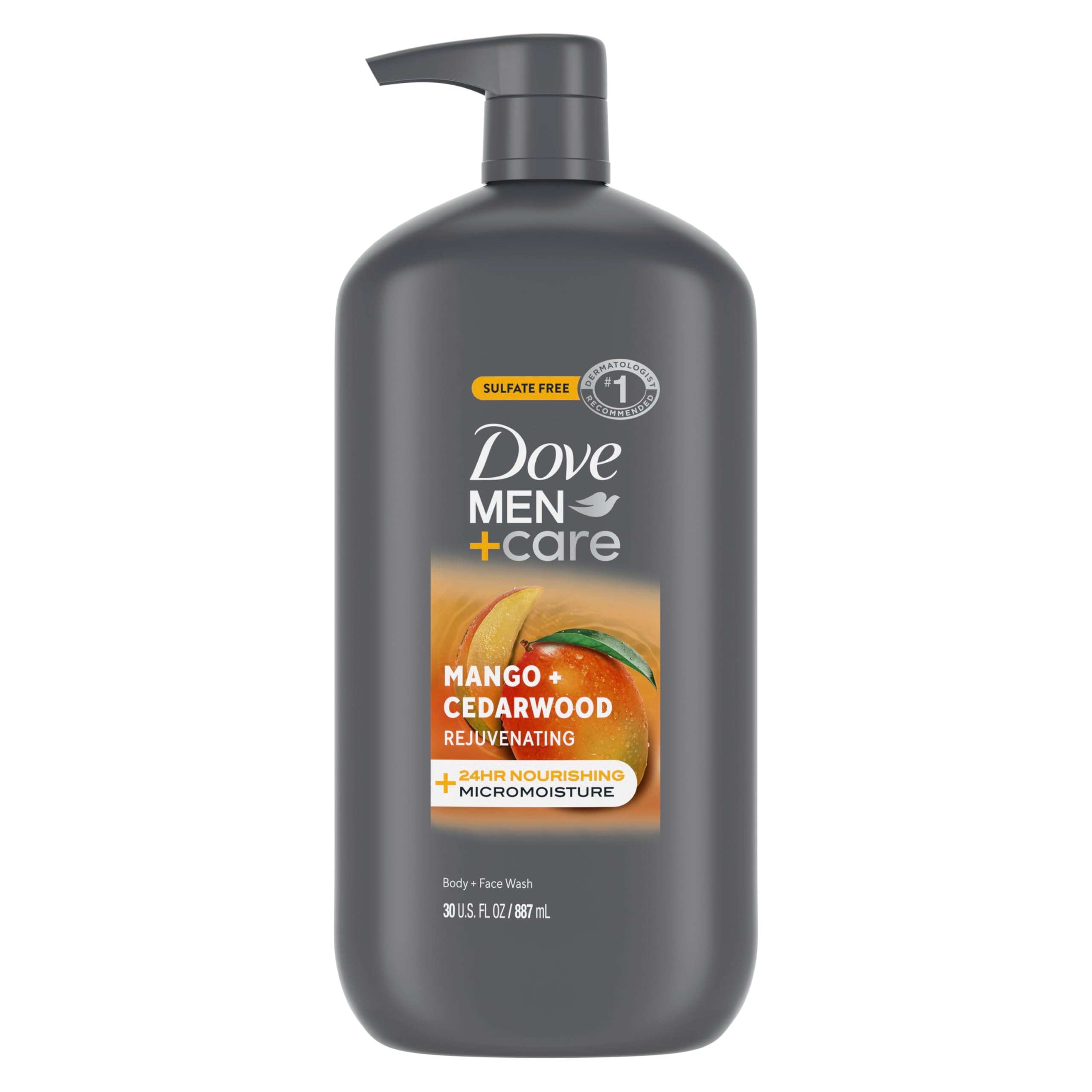 Dove Men+Care Mango + Cedro: botella visible, hidratación para la piel todo el día.