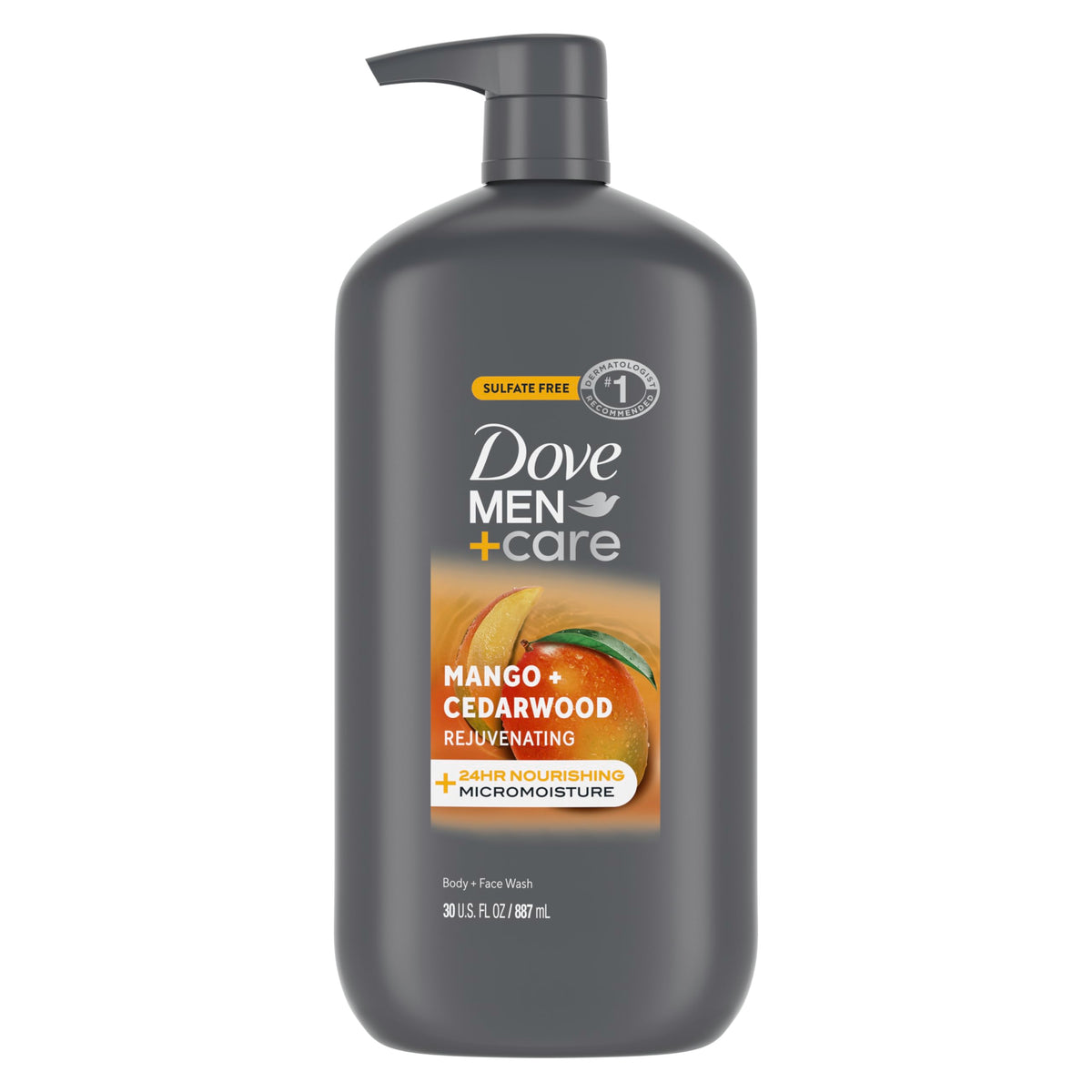 Dove Men+Care Mango + Cedro: botella visible, hidratación para la piel todo el día.