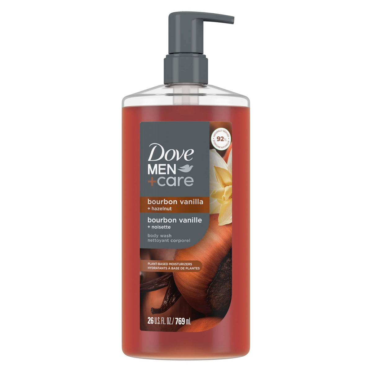 DOVE MEN + CARE Bourbon Vanilla Avellana, botella de 26 onzas, limpieza suave y piel hidratada.