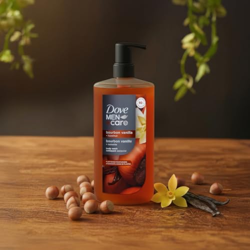 DOVE MEN + CARE Bourbon Vanilla Avellana, dispensador práctico para duchas rápidas y sin esfuerzo.