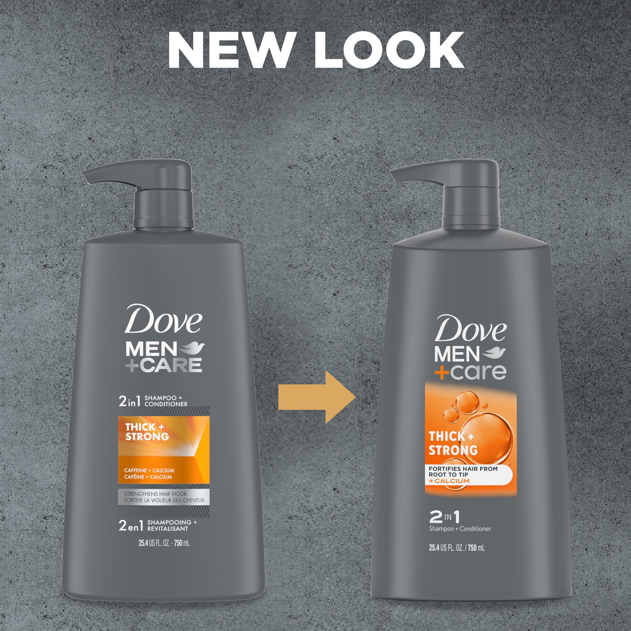 Dove Men+Care calcium caffeine boost highlights fortifying ingredients for hair.