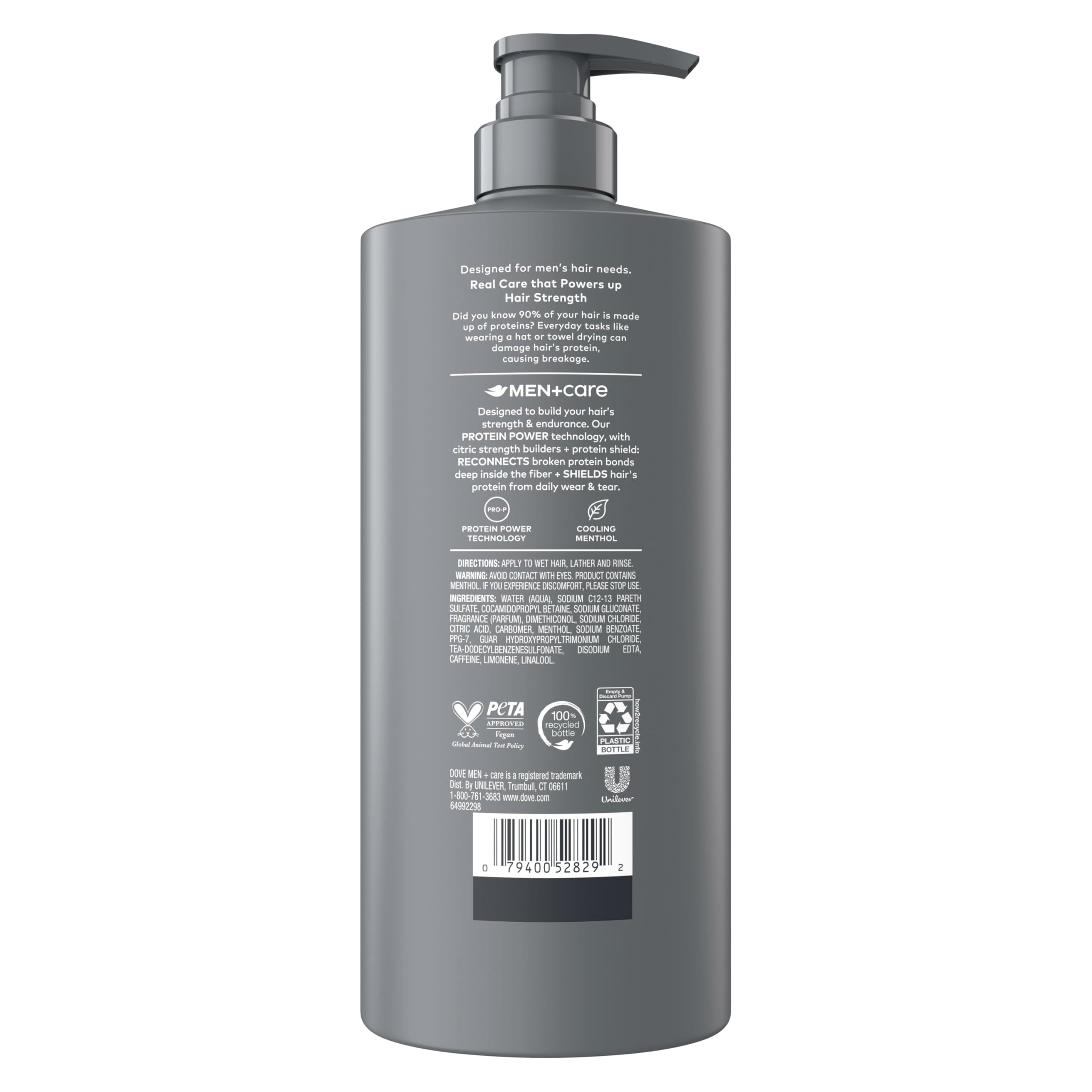 Dove Men Care calcium graphic highlighting fortifying protein power to reduce breakage