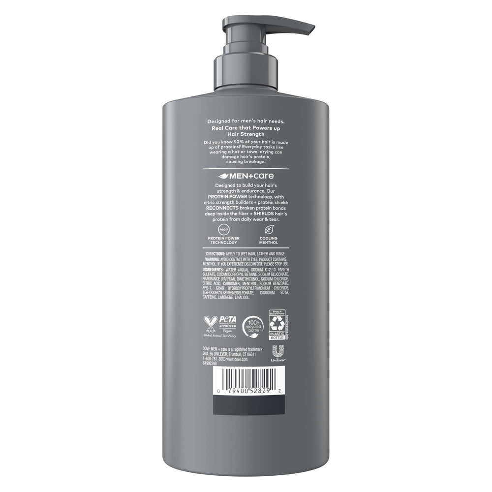 Dove Men Care calcium graphic highlighting fortifying protein power to reduce breakage