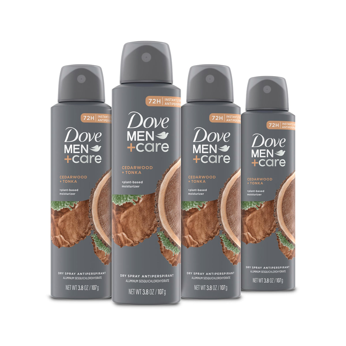 Dove Men+Care Cedarwood + Tonka dry spray bottle for instant protection.
