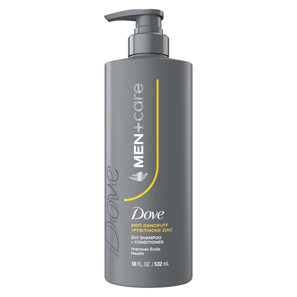DOVE MEN+CARE champú-condicionador anticaspa en botella; cuero cabelludo protegido.